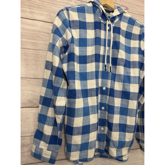 L.L.Bean Womens Scotch Plaid Flannel HoodieShirt Button Down BLUE 100% Cotton XS - Picture 4 of 11